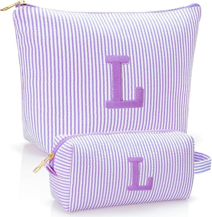 Personalized Initial Makeup Bag,Toiletry Travel Cosmetic Bag,Trendy Stuff for Teen Girls and Women,Holiday & Birthday Gift,2 Pack (L, Purple)