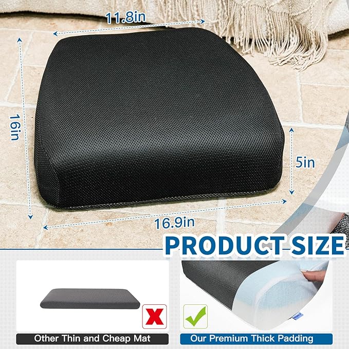 Seat Cushion for Tailbone Pain Relief, Extra Thick & Ventilated Office Chair Cushion with Non-Slip Cover, Memory Foam Booster Support for Desk, Car, Wheelchair (Black)