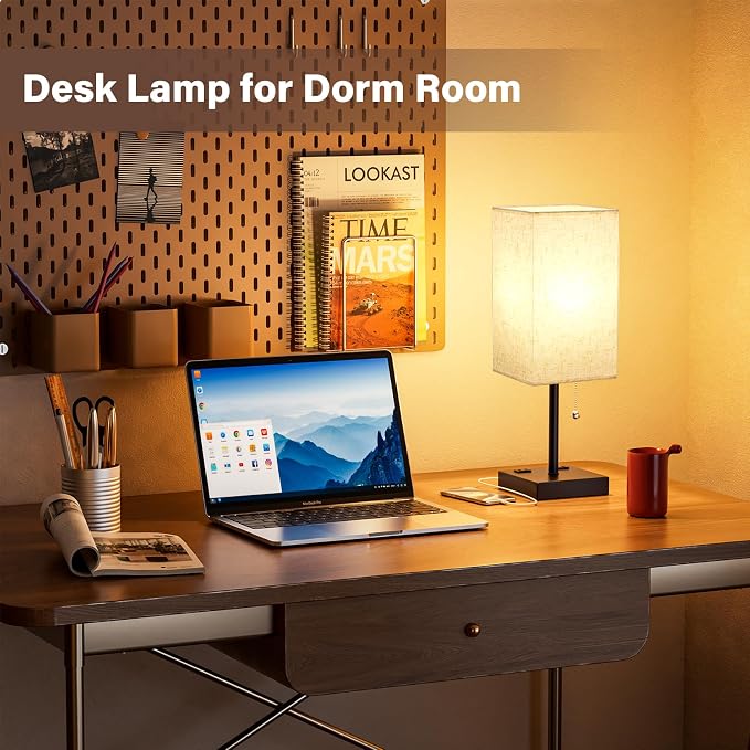 Bedside Lamp for Bedroom Set of 2 - Table Lamp for Nightstand | USB A+C Ports, AC Outlet, 3 Color Temperatures, LED Bulb Included, Pull Chain, 17" Rectangular Desk Lamp for Dorm, 2-Pack