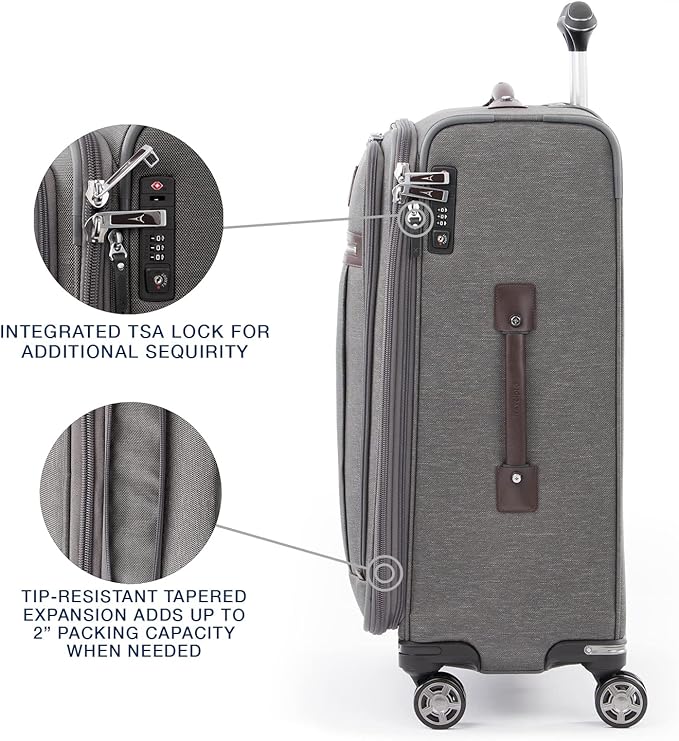 Travelpro Platinum Elite Softside Expandable Checked Luggage, 8 Wheel Spinner Suitcase, TSA Lock, Men and Women, Vintage Grey, Checked Medium 25-Inch