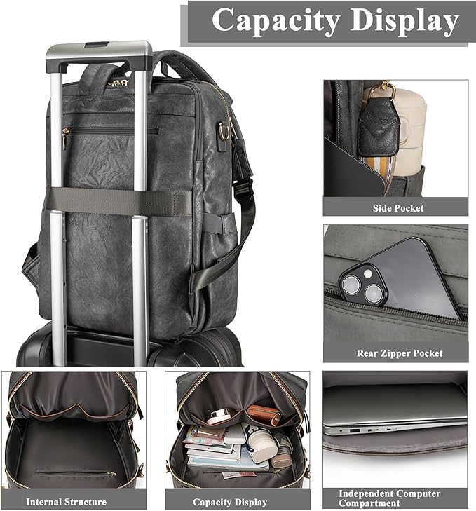 myfriday PU Leather Large Backpack Purse for Women Casual Travel Backpack Convertible Satchel Handbags With Luggage Strap (Grey)