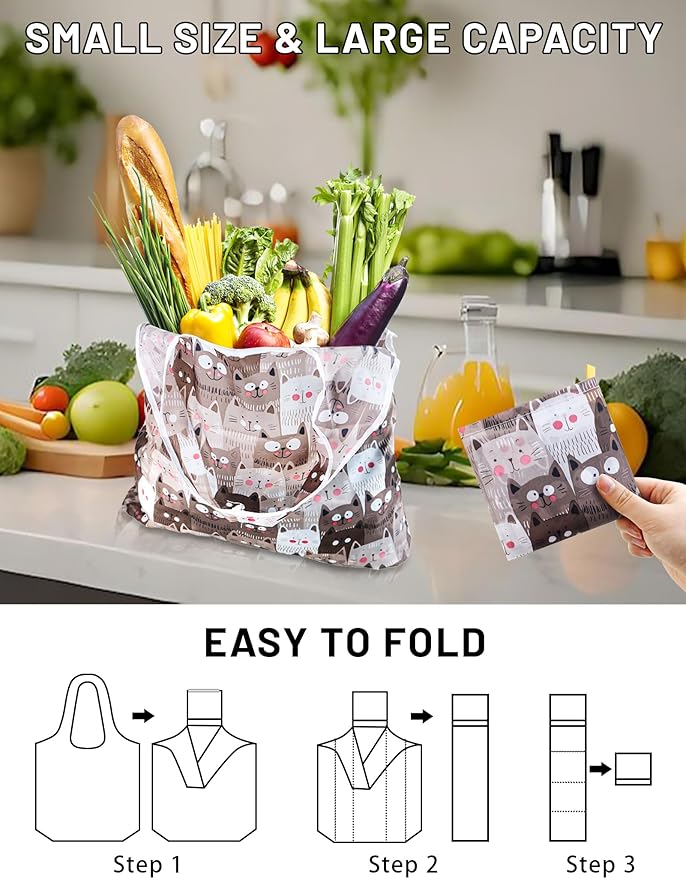 4 Pcs Reusable Grocery Bags, Foldable Shopping Bags Heavy Duty, Large Nano Bag Cute Tote Bag for Daily Shopping, Waterproof and Machine Washable (Animals)