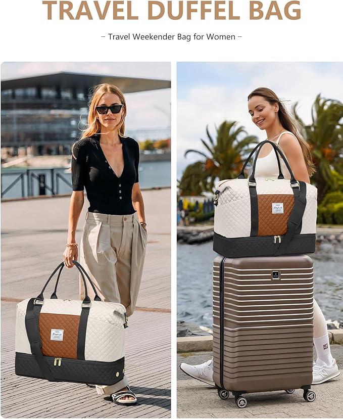 Travel Overnight Bag Weekender Bags - Duffle Bag Women with Shoe Compartment Carry on Tote Bag with Toiletry Bag Gym Duffel Bag with Wet Pocket Hospital Bags for Labor and Delivery Black White Brown