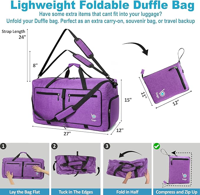 Bago Large Duffle Bag for Travel Women & Men. Durable Lightweight Foldable Travel Duffel Bags For Traveling Women. 80L Duffle Bags For Overnight Bag With Shoe Compartment Collapsible Weekender duffel
