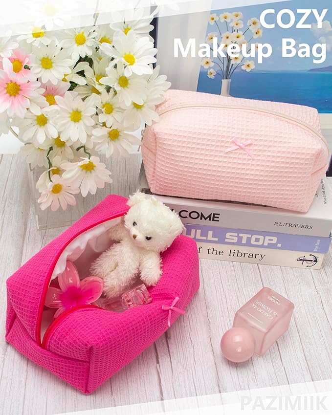 PAZIMIIK 2PCS Cozy Makeup Bag Travel Cosmetic Bag for Women Soft Toiletry Bag Aesthetic Makeup Organizer Portable Large Zipper Pouch for Skincare Beauty Accessories Brushes Waffle Hotpink