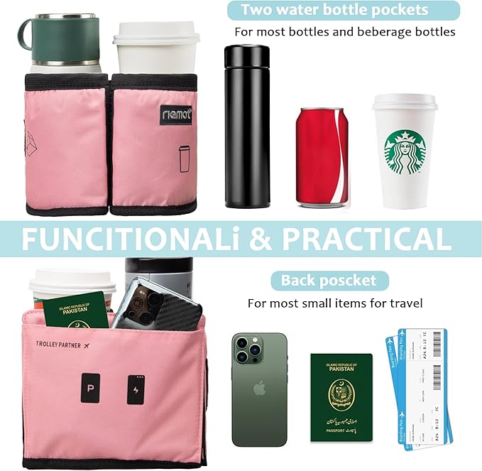 riemot Luggage Travel Cup Holder Free Hand Drink Caddy - Hold Two Coffee Mugs - Fits Roll on Most Suitcase Handles - Gifts for Flight Attendants &Frequent Travelers Accessories Pink