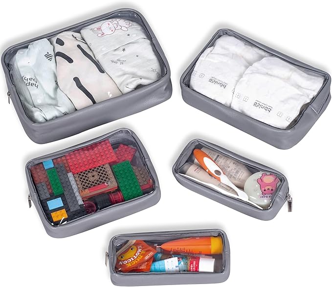 TSA Approved 5-Piece Diaper Bag Organizer Pouch Set Clear Waterproof TPU Kids Toiletry Storage Set Travel Packing Clutch Cube Bags for Baby Nursing (Dark Gray)