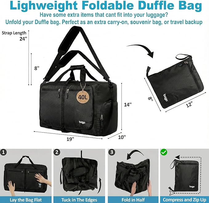Bago Compact Duffle Bag for Travel Women & Men. Durable Lightweight Foldable Travel Duffel Bags For Traveling Women. 40L Duffle Bags a Reliable Weekender duffel or Overnight Bag With Shoe Compartment