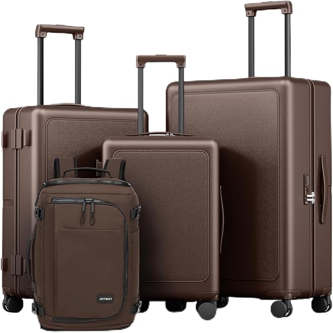 Joyway Luggage Sets 4 Piece with Spinner Wheels, Carry On Luggage 20In with ABS+PC Hardshell, Lightweight Suitcase Set with Travel Backpack and Pressure-resistant Frame, 20/24/28 Inch, Coffee