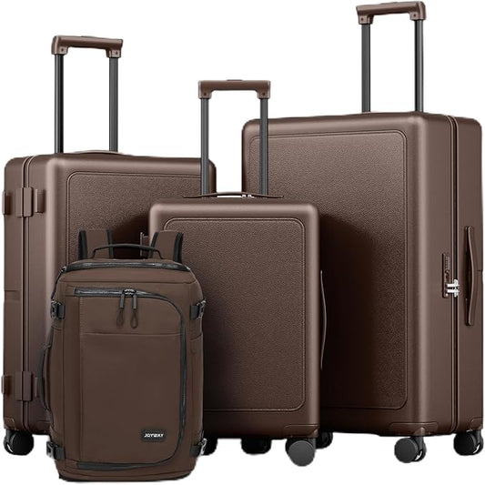 Joyway Luggage Sets 4 Piece with Spinner Wheels, Carry On Luggage 20In with ABS+PC Hardshell, Lightweight Suitcase Set with Travel Backpack and Pressure-resistant Frame, 20/24/28 Inch, Coffee