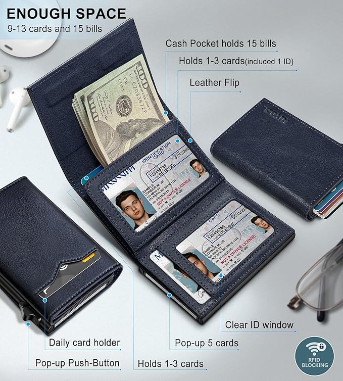 miyozi Wallet for Men,with Cash Pocket 2 ID Window 9-13 Cards,Metal Case Smart Slim Pop Up Credit Card Holder Flip with Magnetic Closure RFID Blocking Trifold wallet with Gift Box