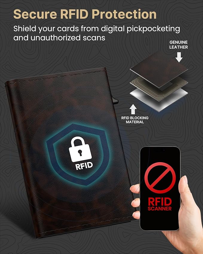 typecase Mens Wallet Card Holder: Pop Up Aluminum Case, Genuine Leather, Smart, RFID Blocking, Slim, Minimalist, Front Pocket - 9-14 Card Capacity | ID Window | Cash Slot (Antique Brown)
