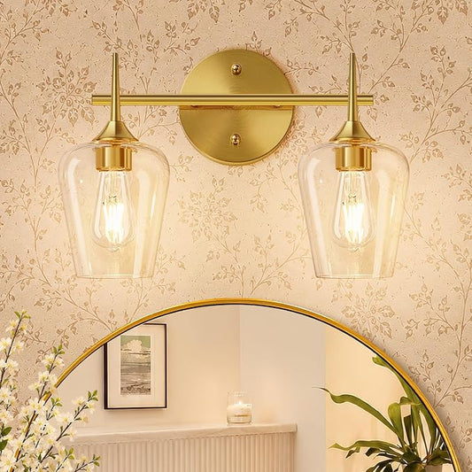 MOKATNG 2-Light Bathroom Light Fixtures, Gold Vanity Lights for Bathroom with Clear Glass, Bathroom Lighting Fixtures Over Mirror, Modern Wall lamp for Cabinet Hallway
