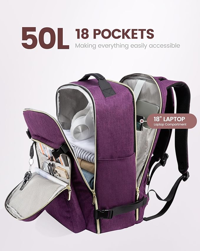 LOVEVOOK Travel Backpack for Women & Men 50L,Airline Approved Carry On Backpack Travel Essential,TSA Carry on Luggage,Waterproof Personal Item Travel Bag,Suitcase with 3 Packing Cube,Dark purple-Black