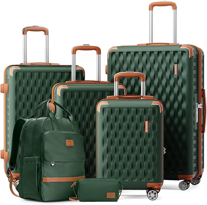 Melalenia Suitcase Sets 6 Piece Hard Shell Carry on Luggage with Spinner Wheels and TSA Lock, Lightweight Travel Backpack for Women, Green Brown