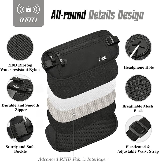 MoKo Secure Travel Money Belt, Undercover Hidden RFID Blocking Travel Wallet, Anti-Theft Passport Wallets for Men Women