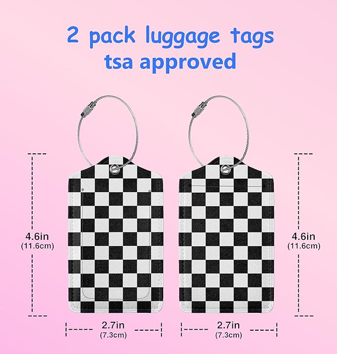 2P Black White Plaid Lines Race Grid Checkered Flag Luggage Tags Privacy Cover ID Label with Stainless Steel Loop and Address Card for Travel Bag Suitcase Funny Cute Man Women Kids