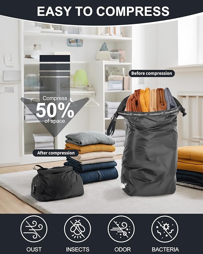 Travel Laundry Bag, Pump-free Vacuum Compression Dirty Clothes Bag, Large Reusable Waterproof & Washable Laundry Bag, Wet and Dry Bag, Ideal for Suitcases, Cruise Essentials (1 Pack) Black