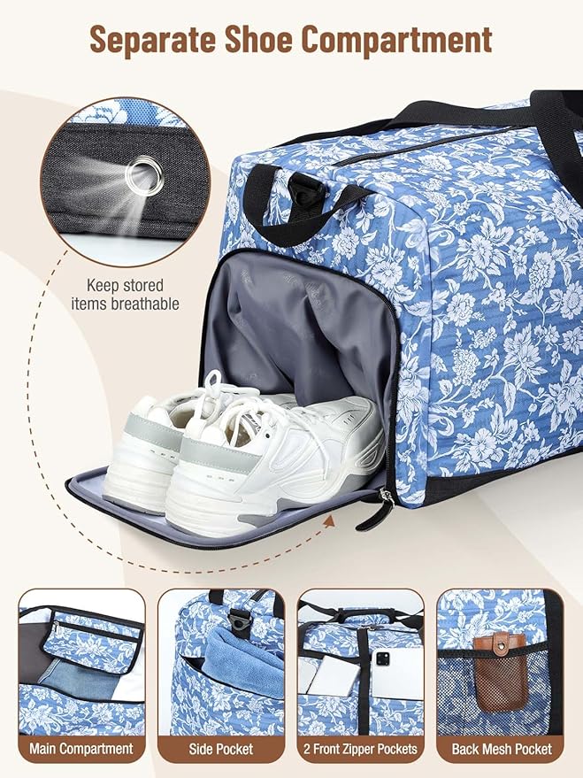 Lekesky Foldable Travel Duffle Bag for Women, Large Duffel Bag with Separate Shoes Compartments & Straps, Carry On Weekend Bag for Women (Blue Floral Print, 80L)