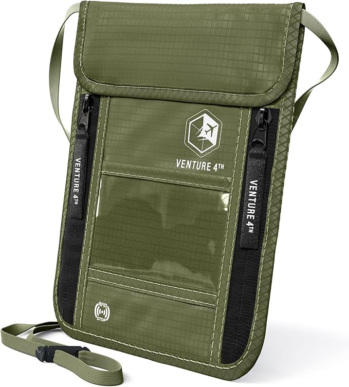 VENTURE 4TH Neck Wallet for Women & Men – RFID Blocking Passport Holder for Travel, Hidden Neck Pouch with 6 Compartments, Slim Lightweight Travel Organizer with Adjustable Strap (Green)