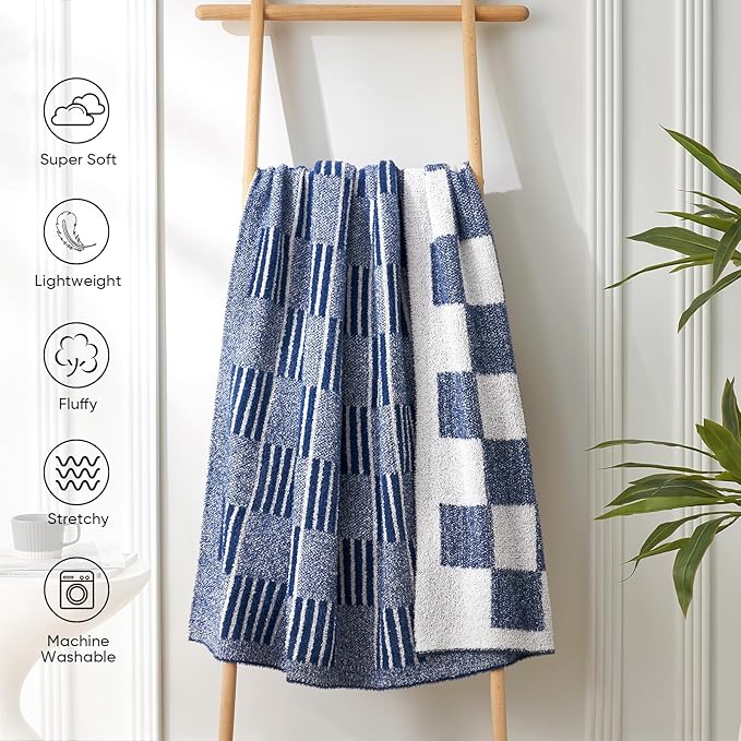 Snuggle Sac Navy Checkered Faux Fur Throw Blanket for Couch, Knitted with Microfiber Fancy Yarn Blanket, Reversible Soft Cozy Blankets for Sofa Bedroom,Heather Navy,50x60 inches
