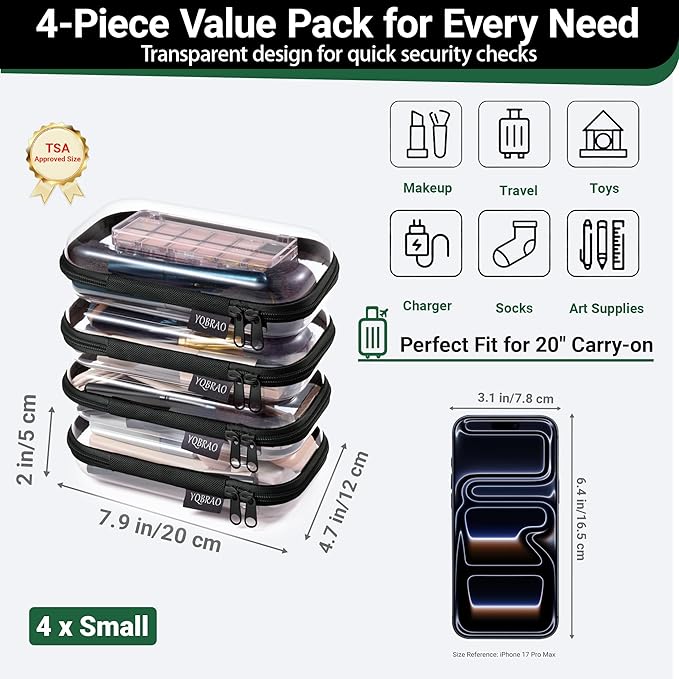 YQBRA 4 Pack Clear Hard Shell Zipper Case, See-Through Hard Plastic Organizer Pouches with Zipper for Travel, Toiletries, Makeup, Electronics & Pencils - Crush-Resistant Storage (S Black)