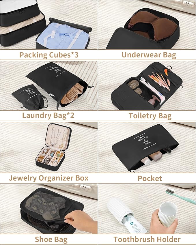 Packing Cubes 11 Set, Suitcase Organizers, Luggage Organizer Bags, with Toiletry Bag, Travel Essentials, Black