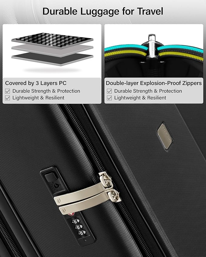 MILADA 24 Inch Checked Luggage, Expandable Hardshell Suitcase with 360° Spinner Wheels & TSA Lock, Lightweight Medium Rolling Luggage for Men and Women Travel, Black