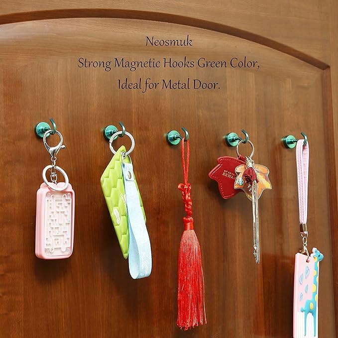 Neosmuk Magnetic Hooks, 30lb+ Heavy Duty Earth Magnets with Hook for Refrigerator, Extra Strong Cruise Hook for Hanging, Magnetic Hanger for Cabins, Grill (Green, Pack of 6)