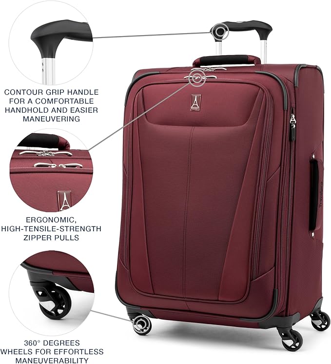 Travelpro Maxlite 5 Softside Expandable Luggage with 4 Spinner Wheels, Lightweight Suitcase, Men and Women, Burgundy, Checked-Medium 25-Inch