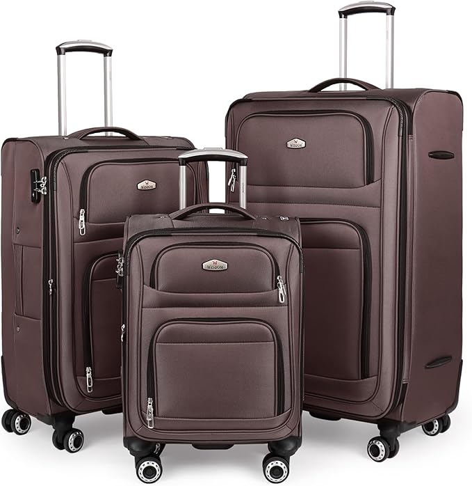 Softside Luggage Sets 3 Piece,Expandable Lightweight Durable Suitcase Sets Double Spinner Wheels w/Combination LOCK （20''/26''/30''）#Coffee