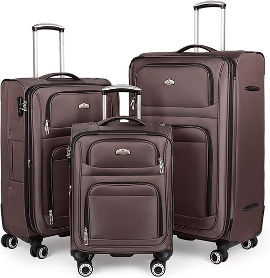 Softside Luggage Sets 3 Piece,Expandable Lightweight Durable Suitcase Sets Double Spinner Wheels w/Combination LOCK （20''/26''/30''）#Coffee