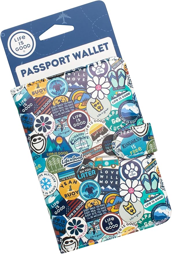 Life is Good Travel Passport Cover - Anti-Theft Passport Holder Wallet with Interior Card Slots, Magnetic Snap Closure, Newsprint