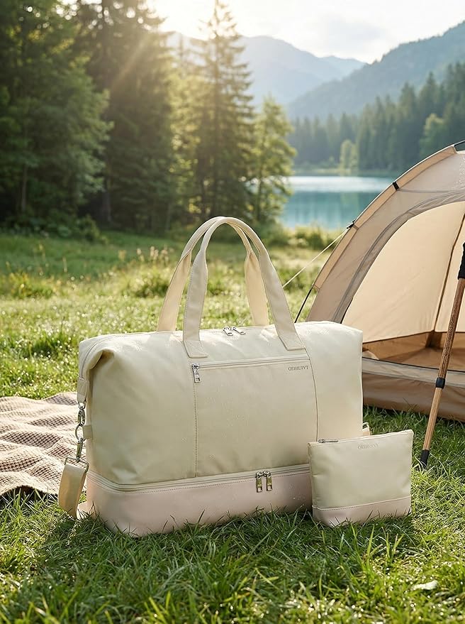 Oeihuivt Weekender Bags for Women - 21 Inch Large Travel Duffel Bag 2-Piece Set with Shoe Compartment, Heavy-Duty Canvas Leather Carry On Overnight Tote
