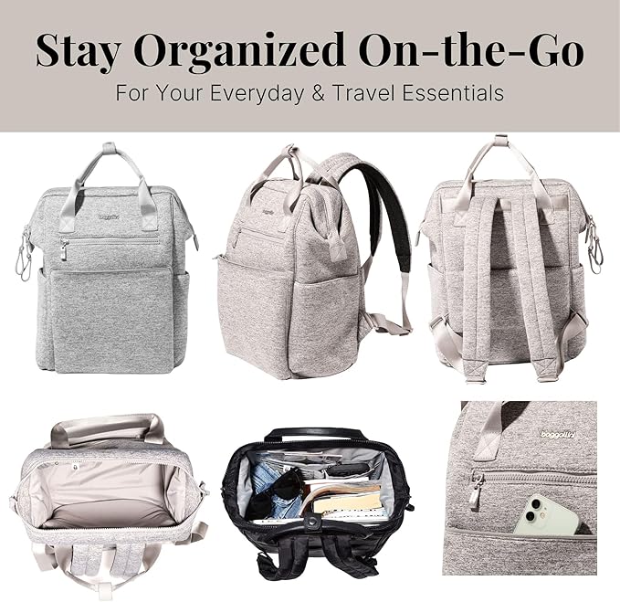 Baggallini Soho Backpack - Travel Laptop Backpack for Women - Lightweight Water-Resistant Luggage Bag, Heather Grey Neoprene