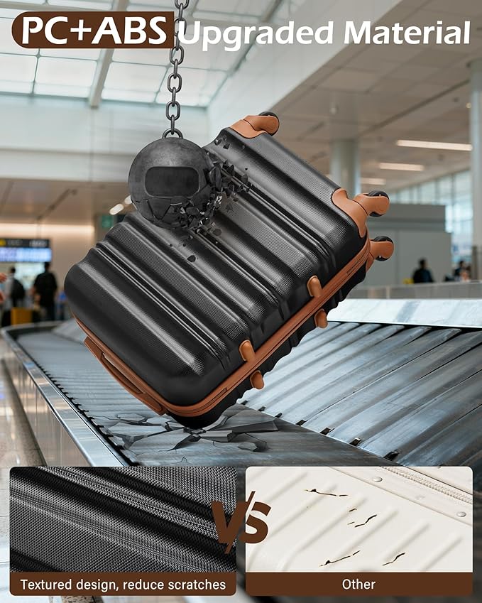 LONG VACATION Carry On Luggage Sets 3 Piece 20 Inch Suitcase Set, ABS+PC Hardshell Lightweight Travel Luggage with Spinner Wheels & YKK Zipper TSA Lock (BLACK-BROWN, 20 Inch)