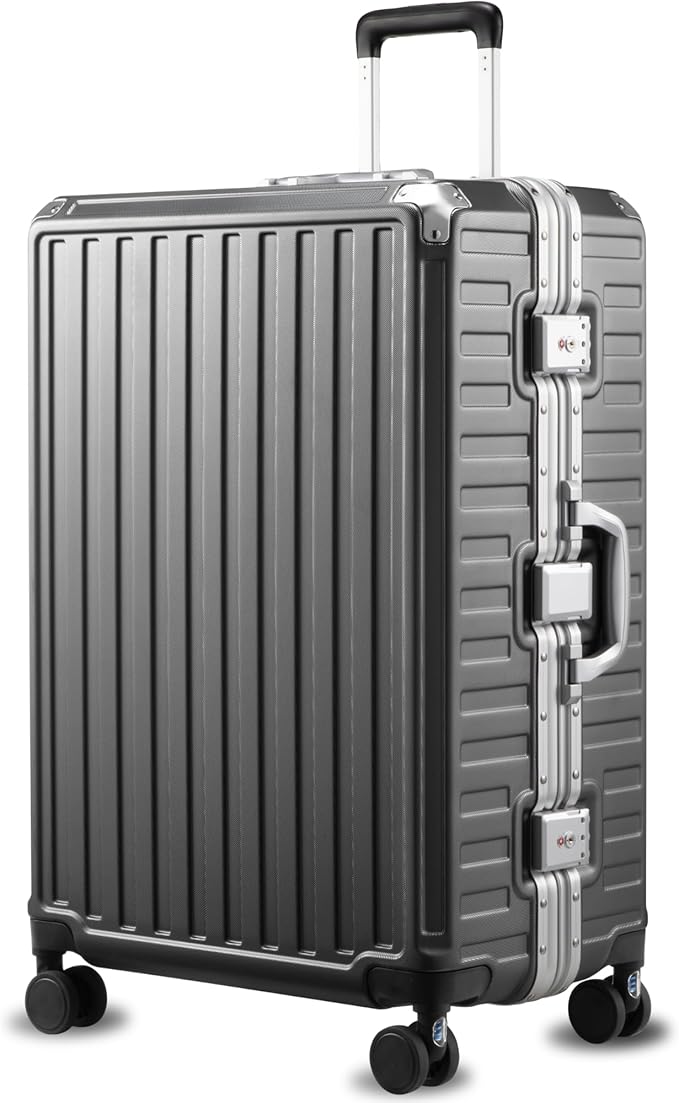 LUGGEX Checked Suitcase with Spinner Wheels, 8010S Aluminum Frame Zipperless Polycarbonate Hard Shell Suitcase (ZX-Core, Charcoal Metallic, 28 Inch)