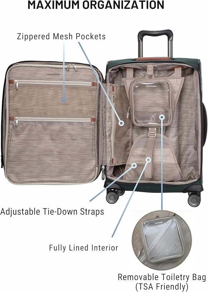 Ricardo Beverly Hills Montecito 3.0 Softside Luggage Collection – Expandable Suitcases with Wheels and TSA Lock. 21” Carry-on, Hunter Green