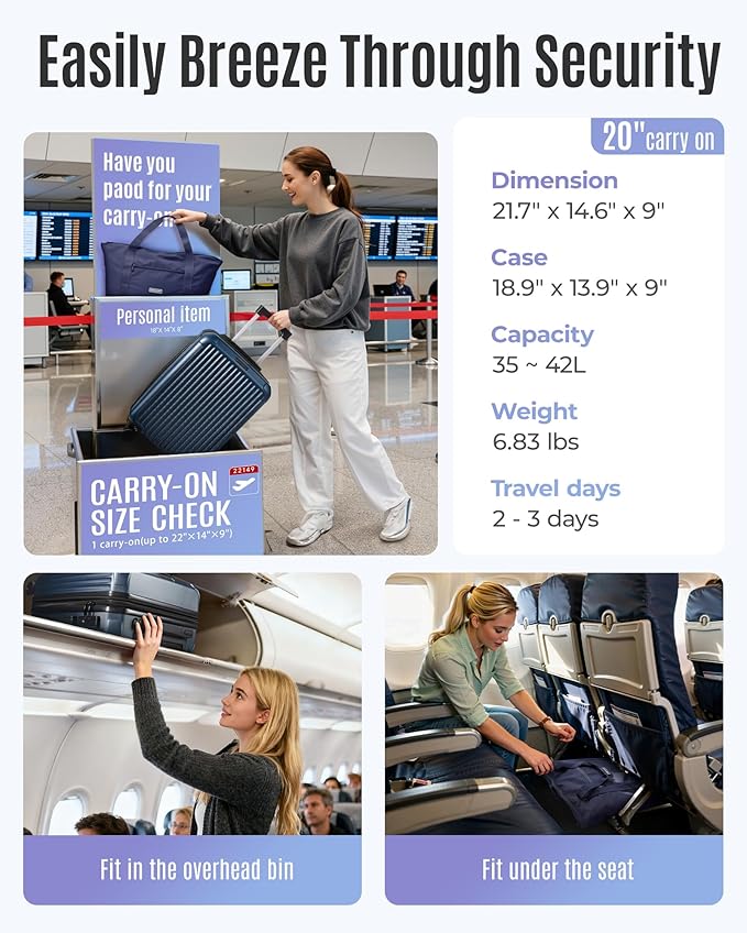 LIGHT FLIGHT 3-Piece Luggage Sets, Expandable Carry On Luggage 22x14x9 Airline Approved, Hardside Carry On Suitcases with Wheels, TSA Lock Travel Luggage Sets, Royal Blue