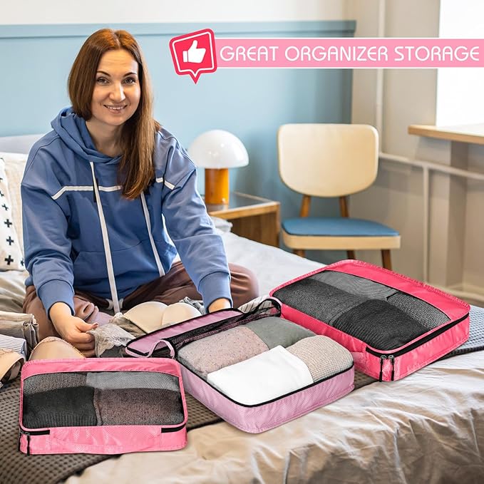 5 Pcs Packing Cubes for Suitcase Large Travel Cubes Carry on Luggage Organizer Bags for Clothes Accessories(Mixed,Pink)