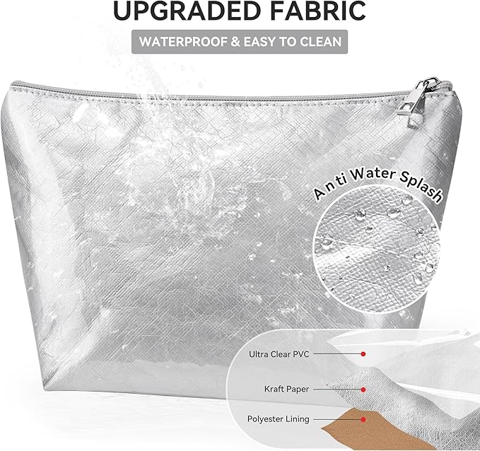 WLLWOO PVC Waterproof Makeup Bag Kraft Paper Cosmetic Bag Travel Toiletry Zipper Pouch Organizer for Women Purse