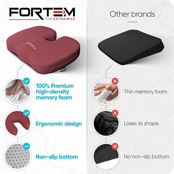 FORTEM Seat Cushion, Office Chair Cushion, Desk Chair Memory Foam, Sciatica Coccyx Tailbone Pain Relief, Pressure Relief, Sitting Pad, for Long Gaming & Sitting, Washable Cover, Non Slip