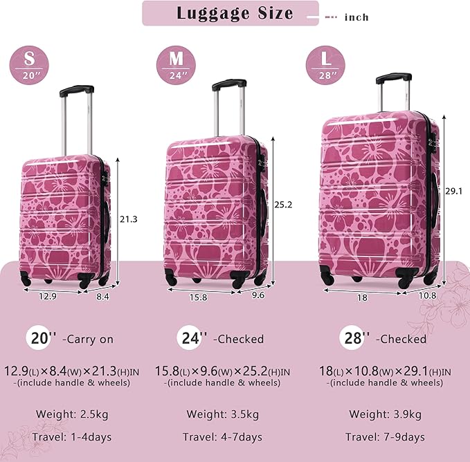 Merax Suitcase Set, Hardshell Luggage Sets 3 Piece with Spinner Wheels, Durable Printing Suitcase with TSA Lock Lightweight 20" 24" 28",Purple Pink