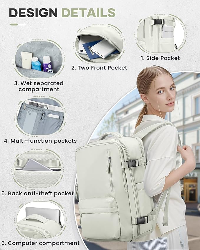 VECAVE Vacuum Travel Backpack with Pump for Women, Personal Item Carry on Backpacks Flight Approved 18x14x8 inches for Men,Laptop Waterproof Work Compression bags Casual Daypack YYWhite
