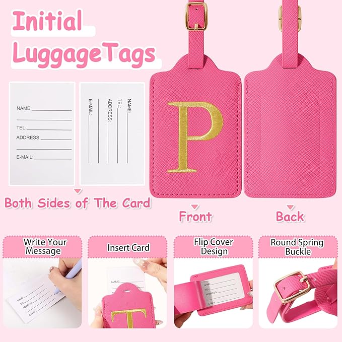 Initial Letter Luggage Tags for Suitcases, Personalized Embroidered Letter Luggage Bag Suitcase Identifier Name Tag, Cute PU Leather Travel Luggage Tags, Bag Tags for Luggage Handbags(Rosered P)