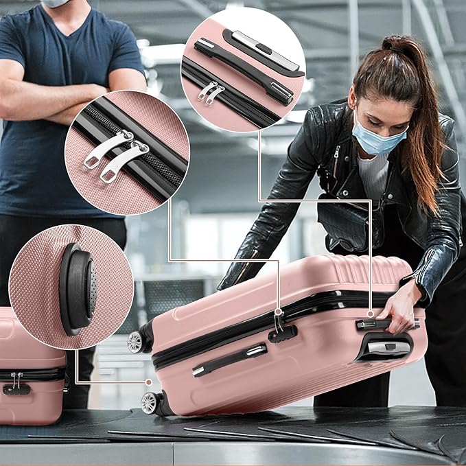 Karl home Luggage Sets 3 Piece, Hardside Carry on Suitcase Sets with Spinner Wheels & TSA lock, Portable Lightweight ABS Luggages for Travel, Business - Light Pink, 20/24/28in