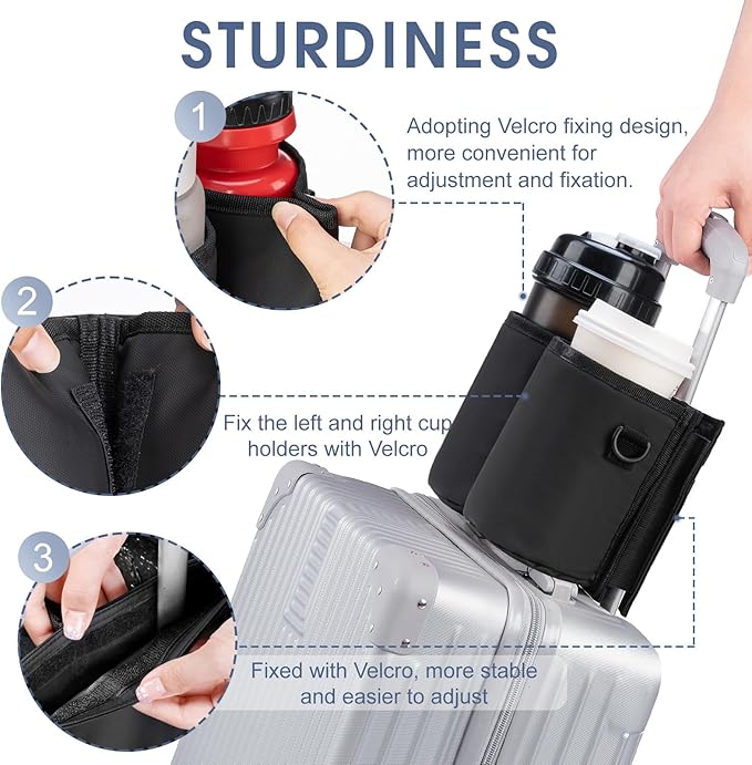 Luggage Cup Holder Travel Drink Bag Luggage Drink Caddy with Shoulder Strap, Thermal Insulation and Zipper Pocket, Travel Accessories Gifts for Flight Attendants, Fits Roll on Suitcase Handles (Black)
