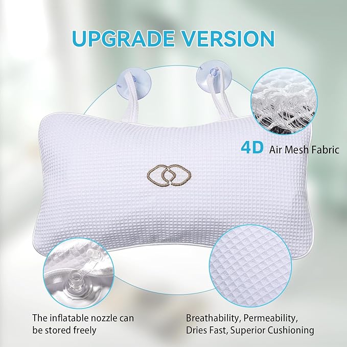 YUET Anti-Slip Non-Slip Bathtub Pillow Home Spa Bath Inflatable Cushion Head Neck Back Shoulders Rest Relax Suction Cup Bathroom Support for Hot Tub Luxurious Headrest