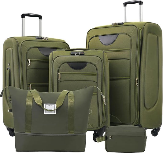 Army Green 5 Piece Softside Luggage Sets, Expandable Lightweight Suitcase Sets Double Softshell Spinner Wheels Travel Luggage Set for Women and Men