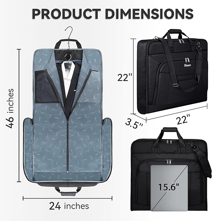 Garment Bags for Travel, Carry On Garment Bag for Business Trips with Shoulder Strap, Mancro Waterproof Foldable Luggage Hanging Suit Bags Gift for Men Women, 2 in 1 Suitcase for Coats, Suits (Black)